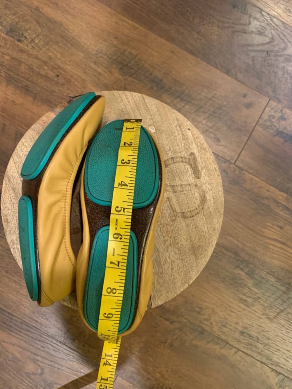 Tieks Mustard Yellow Leather Ballet Flats with Teal Heel Tab - Picture 6 of 8